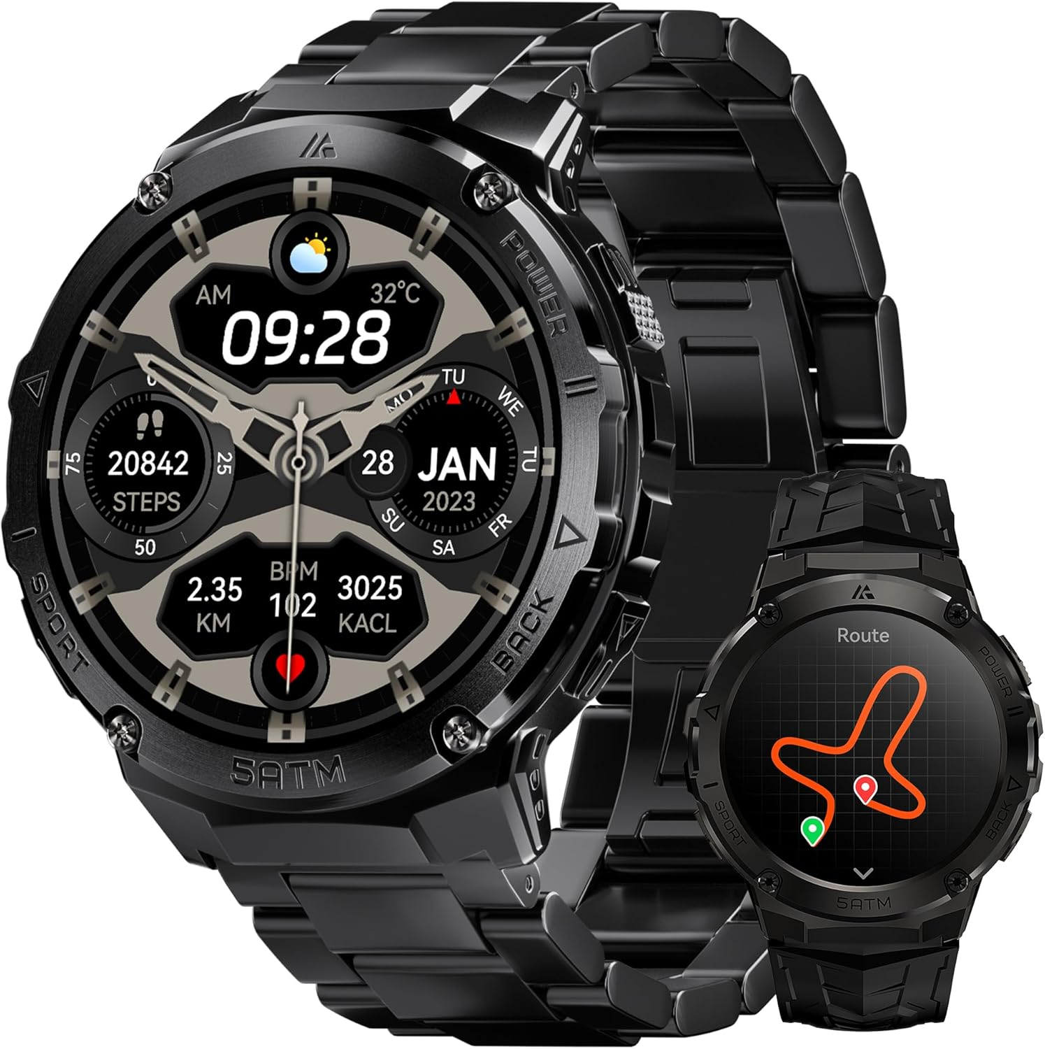 Smart Watches for Men GPS, Pressure,Altitude,Compass, 480Mah Extra-Large Battery, 50M Waterproof, Full Metal Body Rugged Smartwatch, Answer/Make Call,1.43