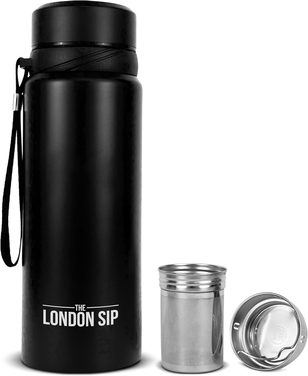 Here & Now Supply Co. 25 Oz Multi-Function Travel Mug and Tumbler | Tea Infuser Water Bottle | Fruit Infused Flask | Hot & Cold Double Wall Stainless Steel Coffee Thermos (Zen Black)
