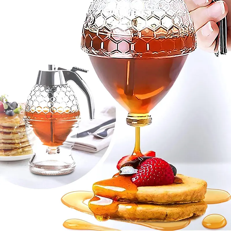 Honey Pourer Dispenser with Stand and Storage Jar for Juices and Syrups