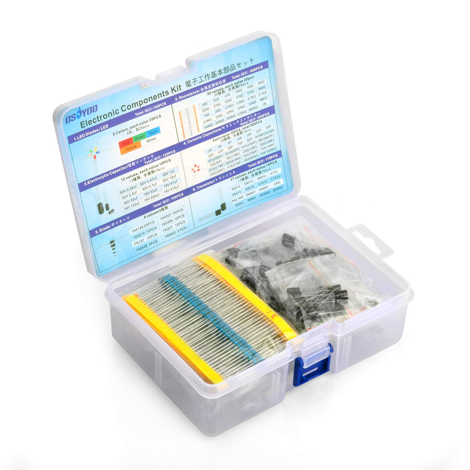 OSOYOO Electronic Component Assortment Kit(Total 1390 PCS) - Resistors, Electrolytic Capacitors, Leds, Ceramic Capacitors, Diodes, Transistor for Arduino Raspberry Pi Mega2560