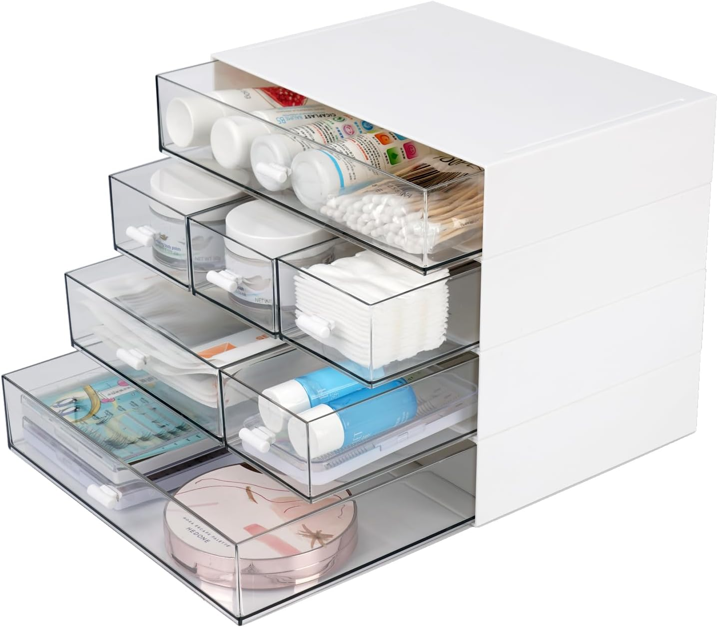 Desk Craft Organizer and Storage with 7 Flat Drawers, Stackable Plastic Desktop Accessories & Workspace Organizer for Office Stationary, Makeup Skincare, Sanitation Supplies, White