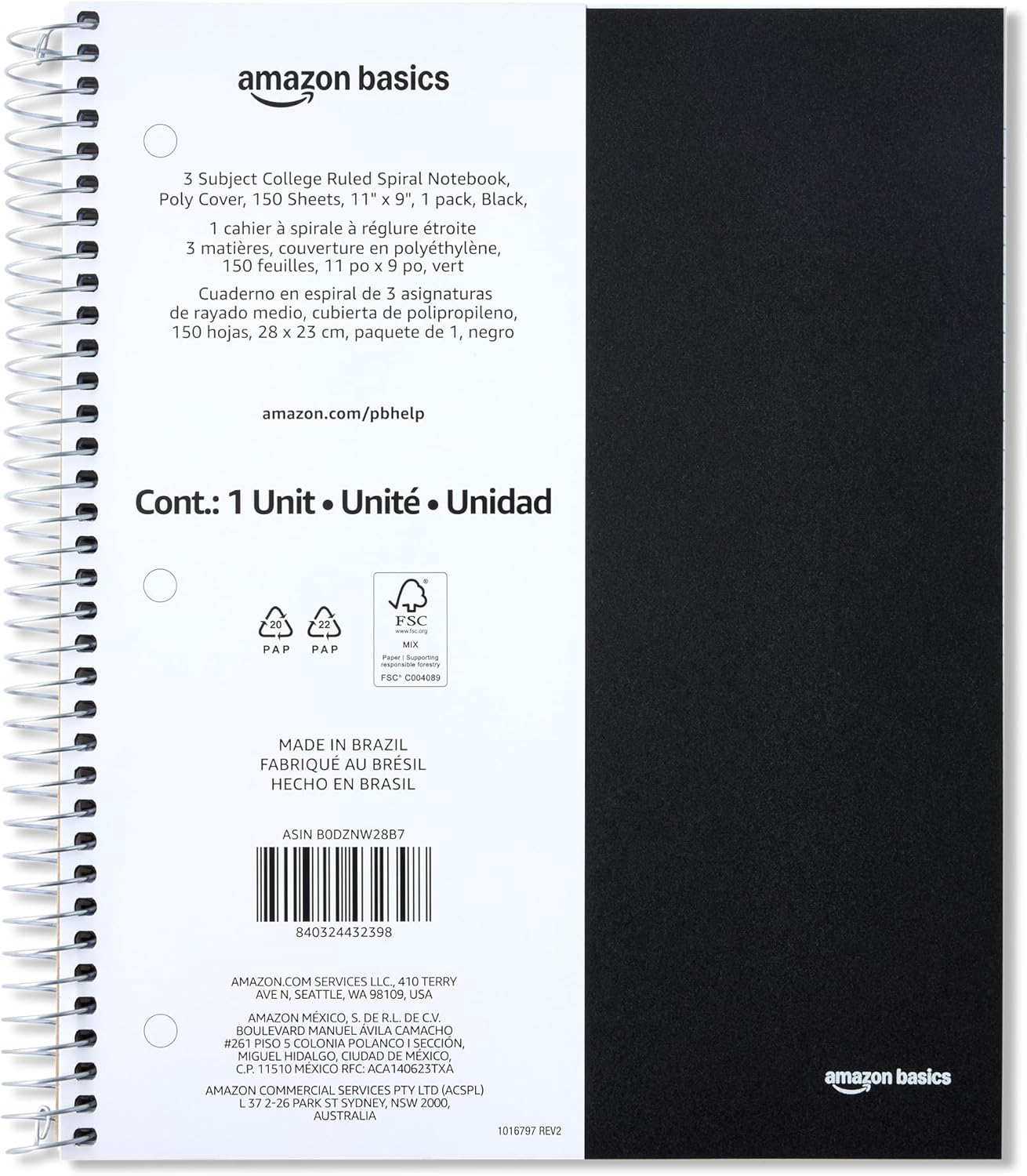 College Ruled Spiral Notebook, 3 Subject, 150 Sheets, 8.5 X 11 Inches, Black