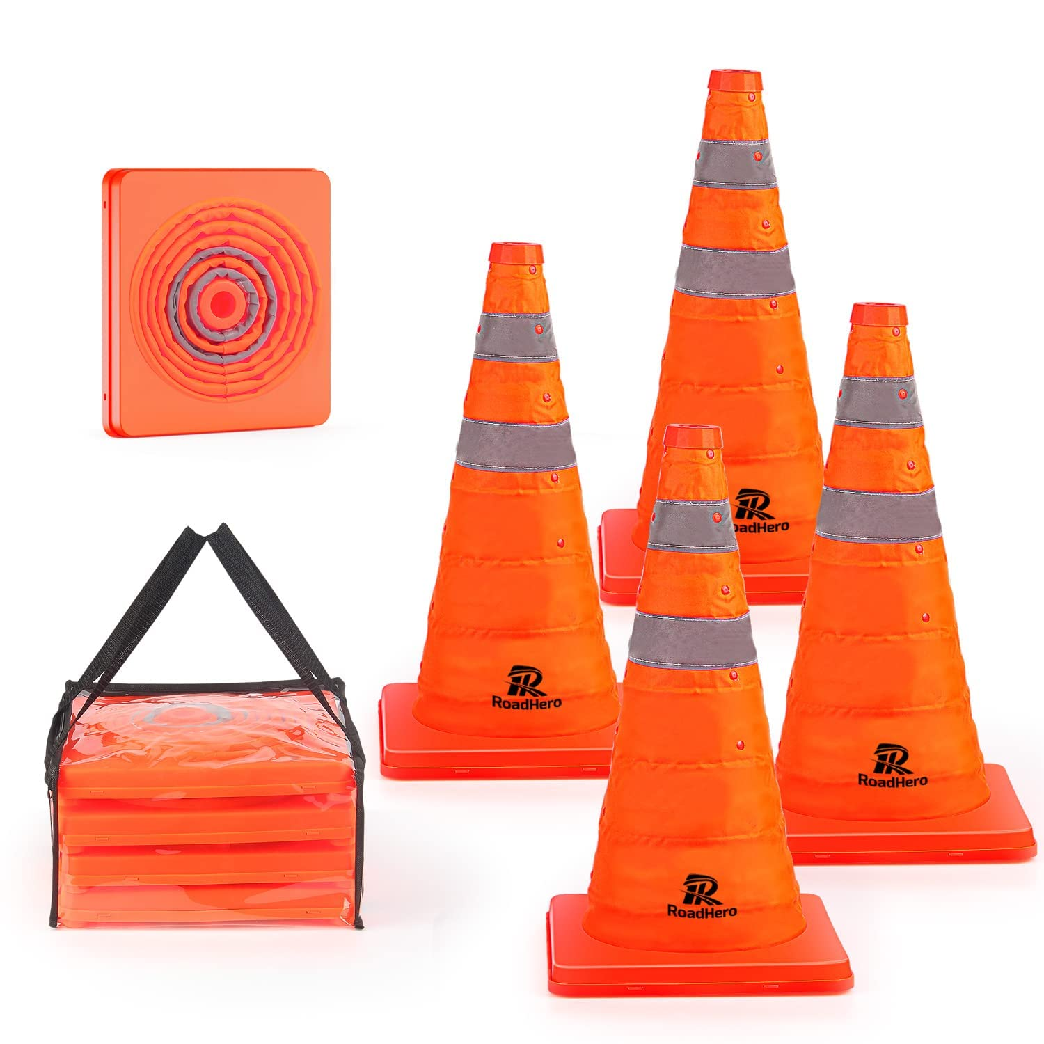 4 Conos seguridad trafico 18 pulg plegables collarin reflectante naranja