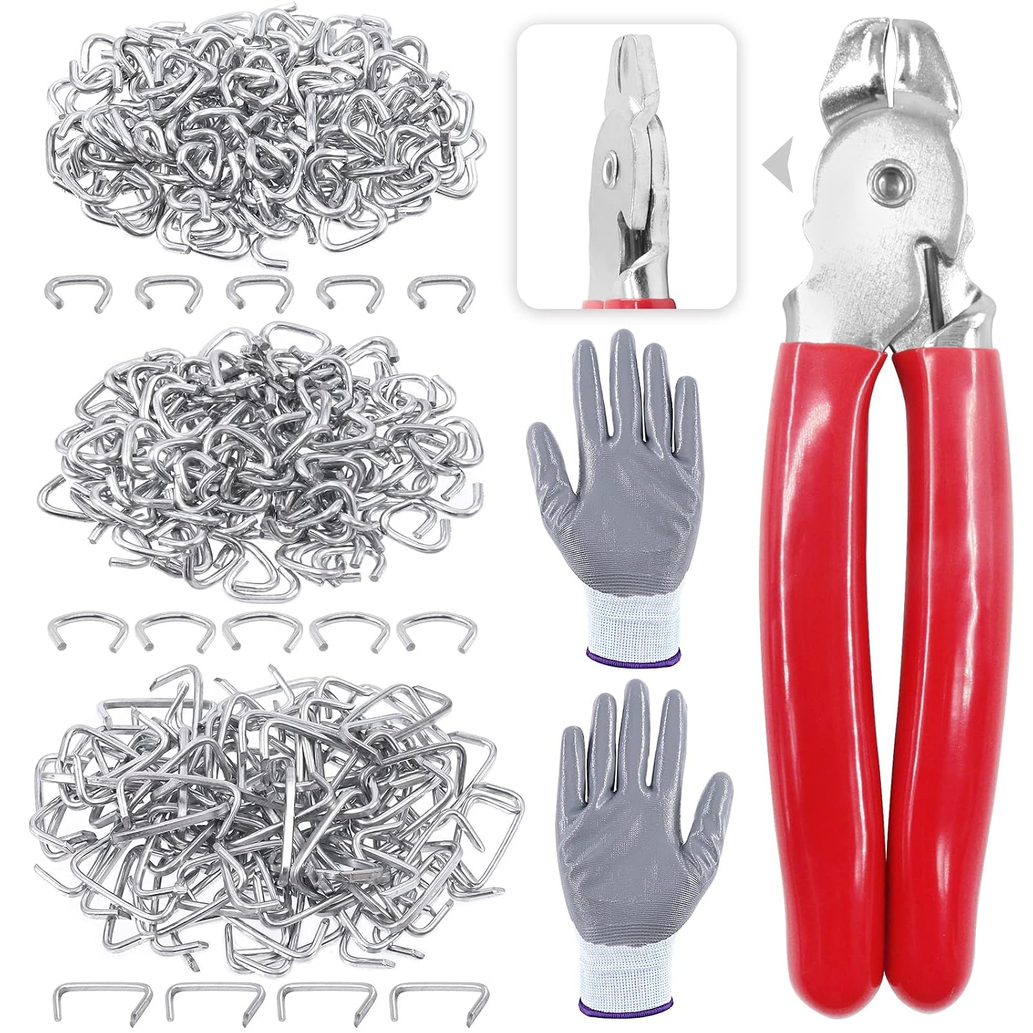242Pcs Hog Ring Pliers Kit with 240Pcs 1/2'' 3/4'' 3/8'' Steel Rings, Anti-Cutting Gloves for Upholstery, Fencing, DIY Craft, Furniture and More