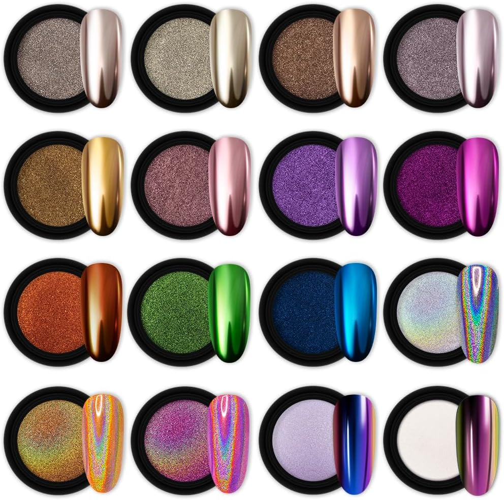 16 Jars Chrome Nail Powder Nail Art Fimo Striping Tape Lines Decoration Metallic Mirror Effect Holographic Aurora Chameleon Pigment Powder 1G/Jar Pearl for Resin Craft & Nail Art