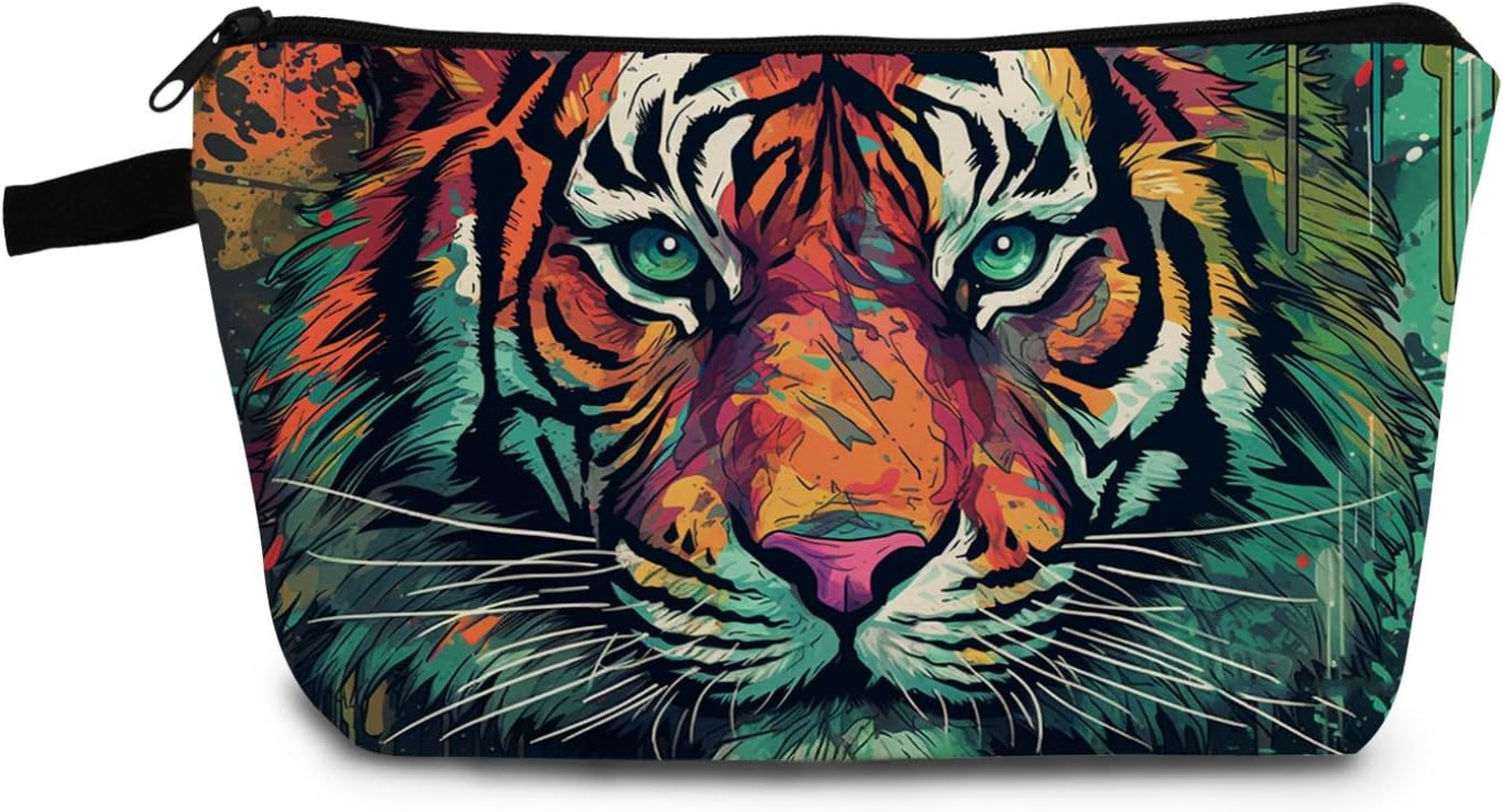 Tiger Print Small Cosmetic Bag | Sunflower Ginger Cat Makeup Organizer Zipper Pouch, Sunflower Ginger Cat Birthday Present for Women Friends
