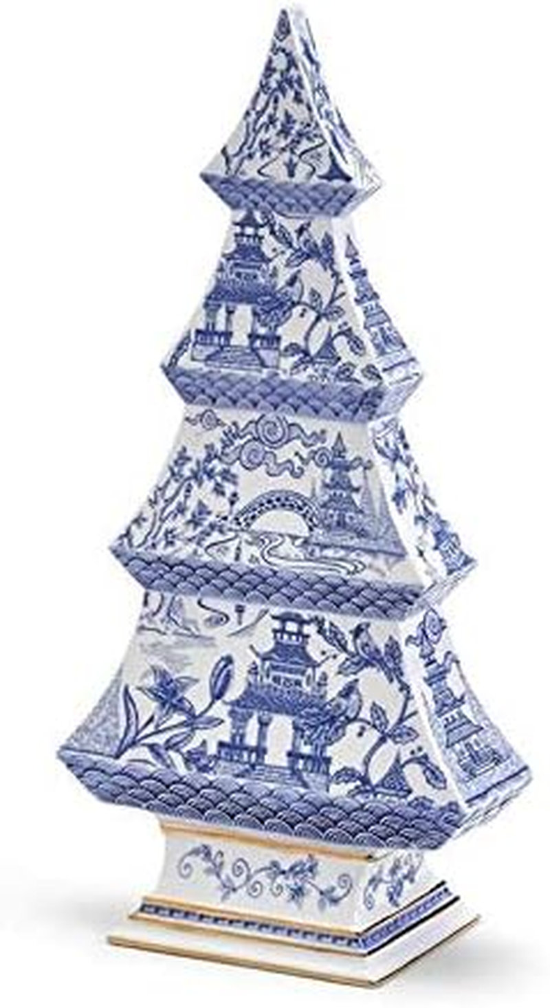 White & Blue Ceramic Christmas Tree, 12.25-In Vintage Chinoiserie Tabletop Holiday Decor with Gold Trim