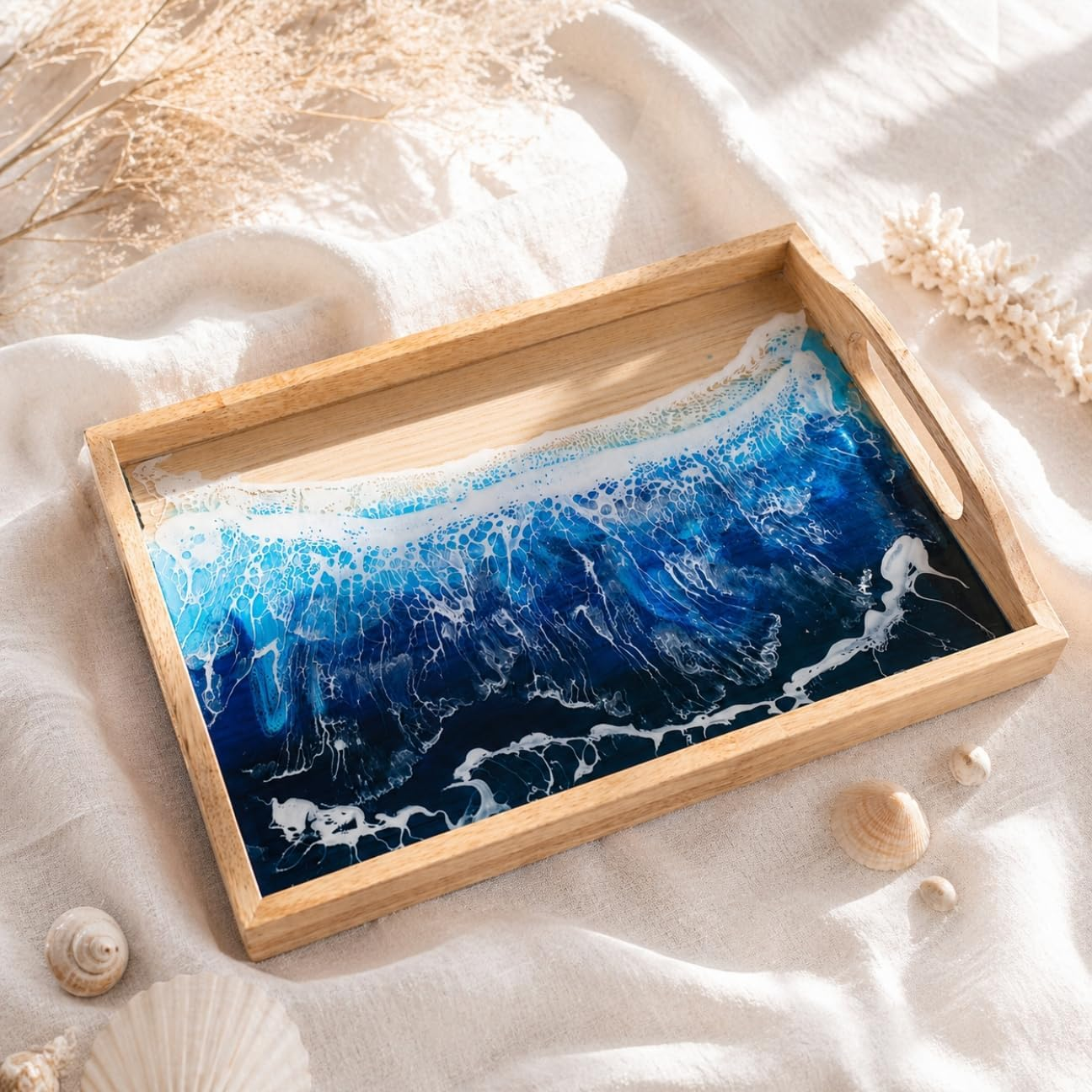 Rectangular Acacia Wood Tray with Ocean Epoxy Resin Art – Handmade Serving Tray for Tea, Coffee & Home Décor, Unique Christmas, Anniversary & Birthday Gift