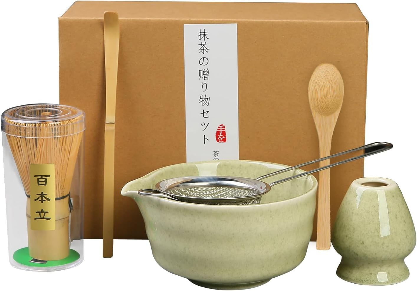 Matcha Set, 6Pcs Matcha Kit Set Includes Bowl with Spout and Bamboo Whisk, Bamboo Scoop, Spoon and Stainless Sifter, Gradient Green Japanese Tea Making Tools