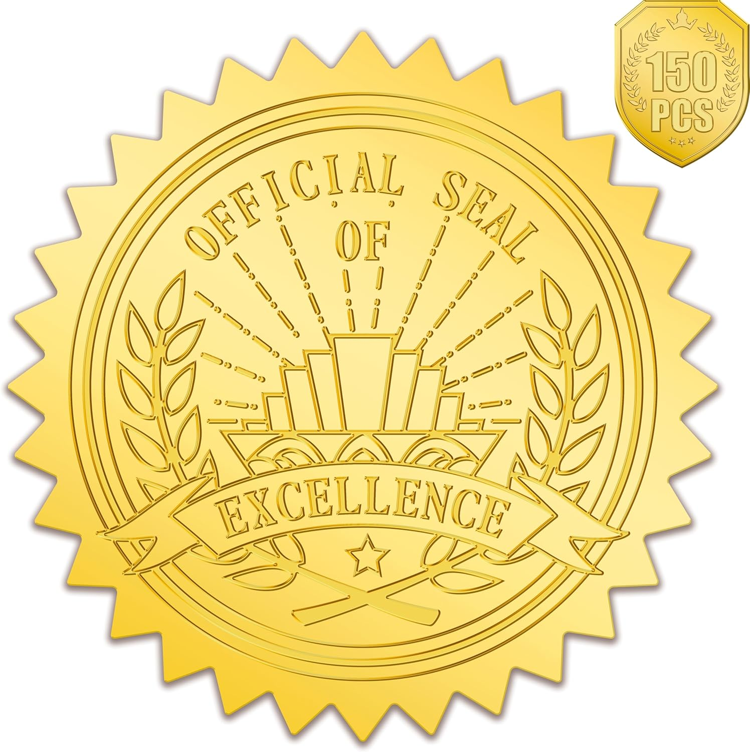150 PCS Award Certificate Seals, Gold Foil Embossed Official Seal of Excellence, Metallic Embossing Stickers with Serrated Edge Self-Adhesive Wafer Stickers Seal Labels for Certificate (2” Each)