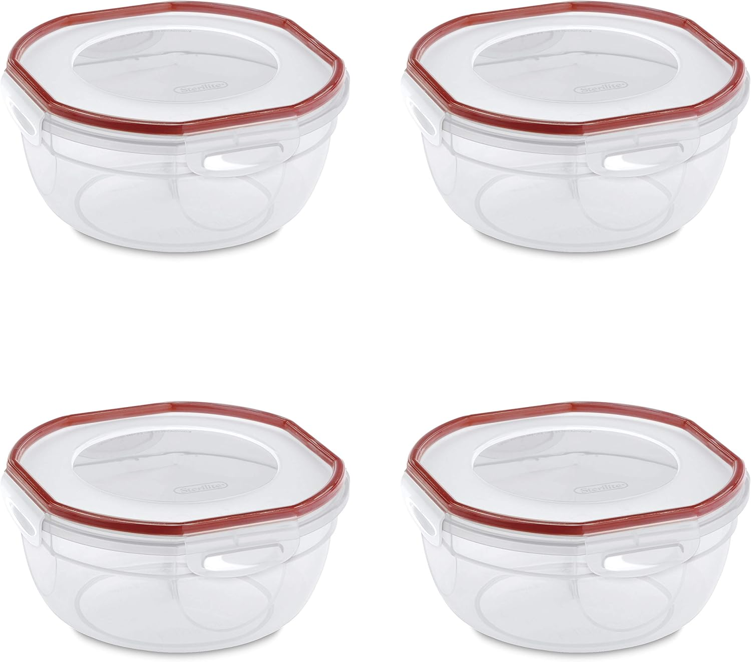 Ultra-Seal 2.5 Qt Bowl, Airtight Food Storage Container, Plastic, Latching Lid, Microwave and Dishwasher Safe, Clear with Red Gasket, 4-Pack