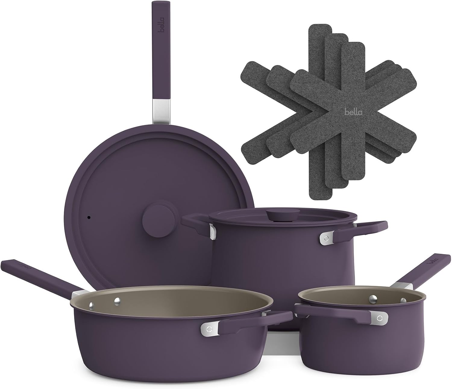 9 Piece Ceramic Nonstick Cookware Set, Fits-Anywhere™ Kitchenware W Evergood™ Coating, Dishwasher & Oven Safe, All Stovetops Compatible, Stackable Design, Cool Touch Handles, Plum