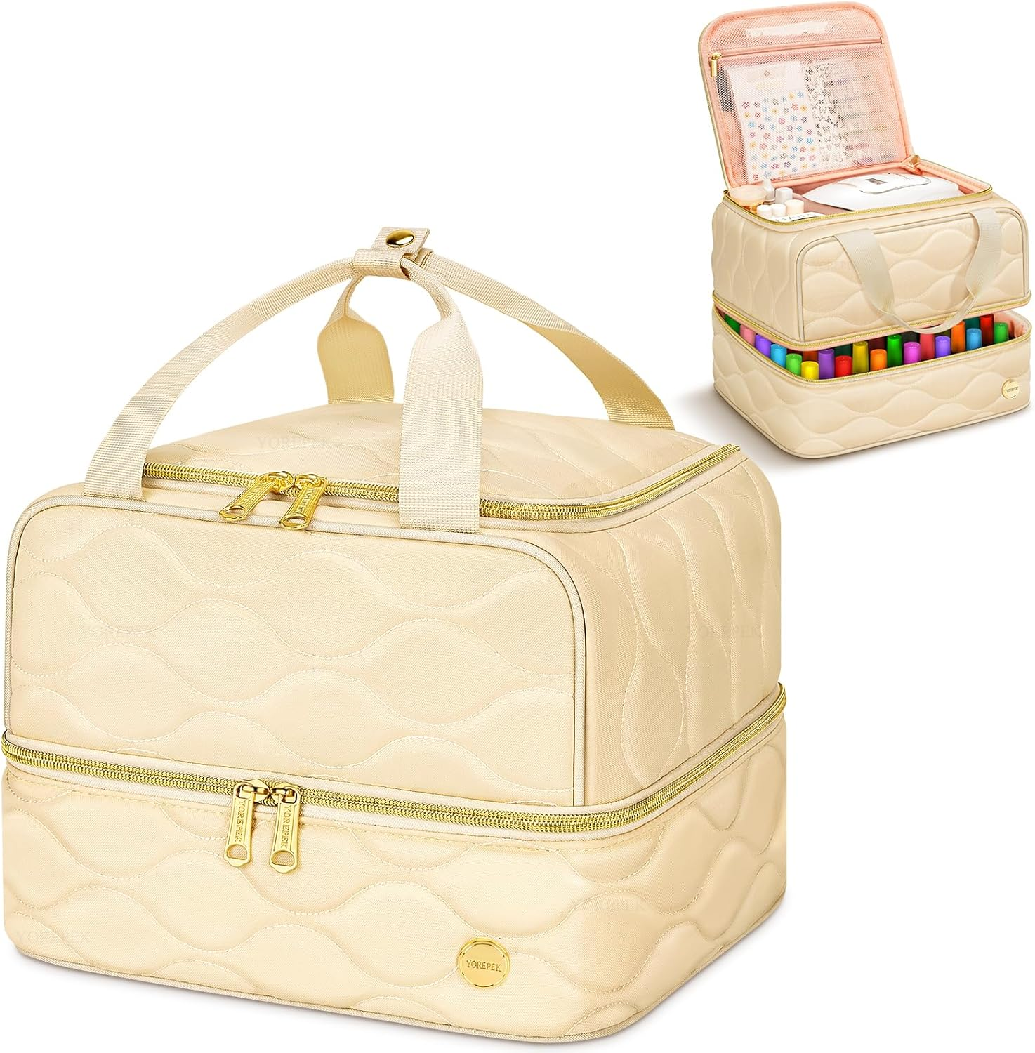 Nail Polish Organizer Case Holds 42+ Bottles (15Ml/0.5 Fl.Oz), 2-Layer Nail Kit Bag with Compartments for Nail Supplies, UV Lamp, Nail Tech Organizers and Storage for Manicure Tools, Beige