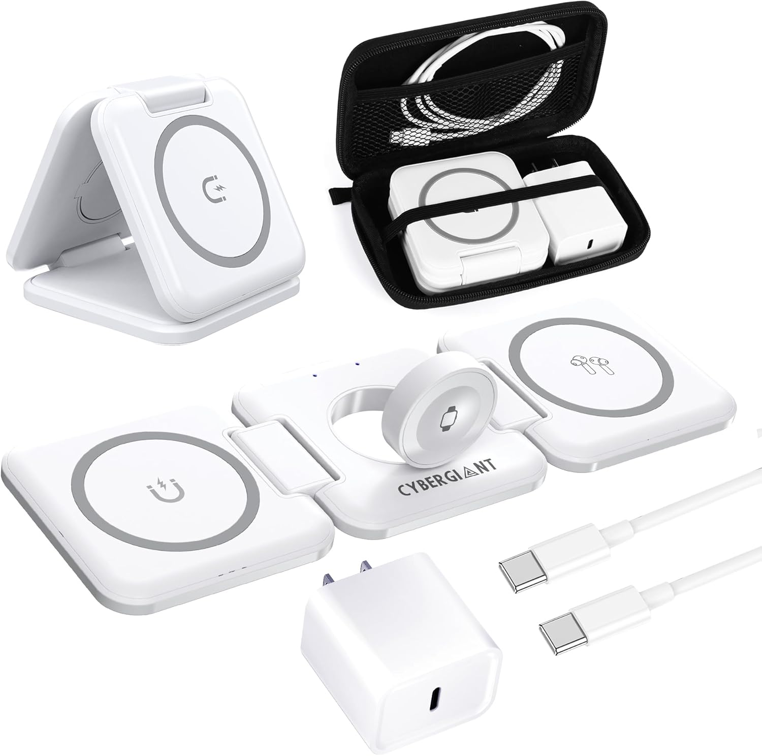 3 in 1 Apple Charging Station for Iphone Airpods Iwatch - Travel Charger for Multiple Devices, Portable Foldable Charging Station - Magnetic Iphone Charger with Adaptor&Case (White)