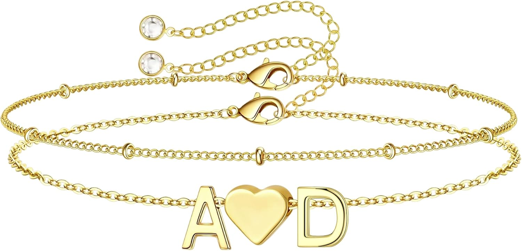 Easter Gifts for Teen Girls Kids - 2 Initial Heart Bracelets, Dainty Layered 14K-Gold-Plated Heart Letter A-Z Charm Bracelets, Birthday Gifts for Women Girls Mom Daughter Jewelry