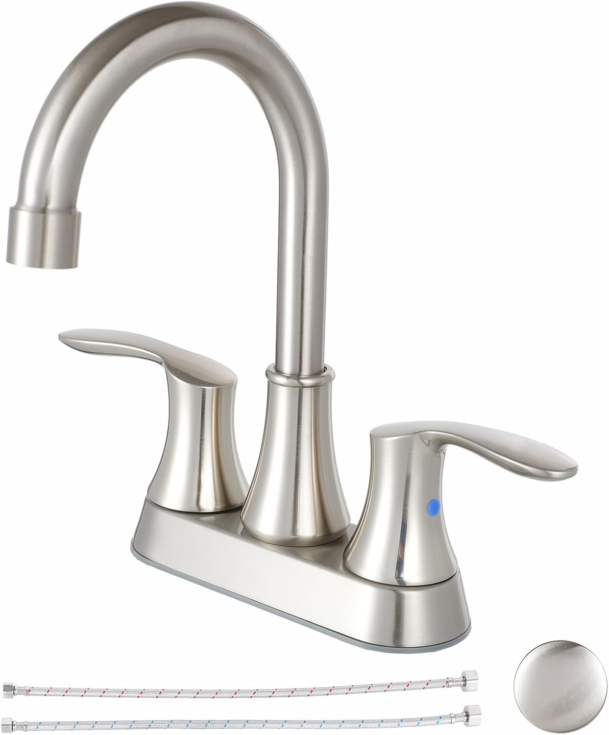 4 Inch Centerset Bathroom Faucet, Brushed Nickel Bathroom Faucets for Sink 3 Hole, Lead-Free 2 Handle Stainless Steel RV Bath Vanity Faucet with Pop-Up Drain and Supply Lines