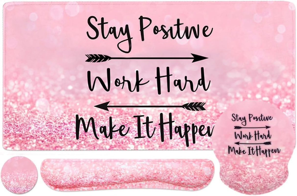 4-In-1 Gaming Mouse Pad Wrist Support Set，Desk Pad + Mouse Pad with Wrist Rest + Keyboard Wrist Rest + Coaster, Ergonomic Design for Home Office Study Game - Pink Stay Positive