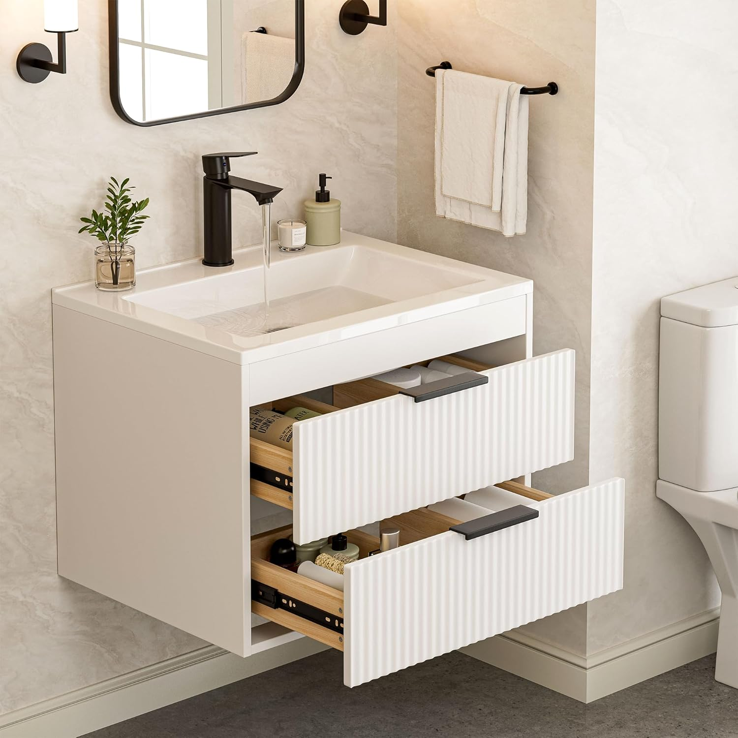 24 Inches Modern MDF Bathroom Vanity with Sink, Wall Mounted Floating Cabinets W/Double Drawers, Black Handles, White Resin Sink Combo Set (White, 24