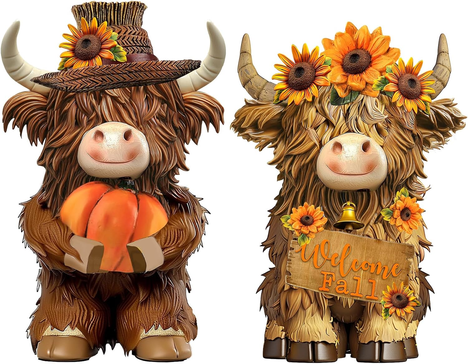 2 Pack Fall Highland Cow Figurines Decor, Resin Fall Table Decor