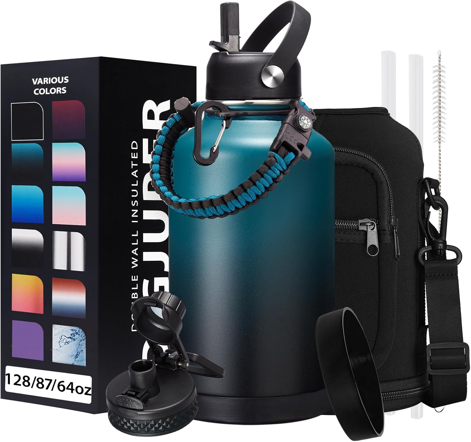 Half-Gallon Insulated Water-Bottle with Straw - Stainless Steel Thermo Jug with Spout Straws Lids, Paracord Handle & Bottle Sleeve, 64OZ Vacuum Thermo Water Bottle for Camping Trip