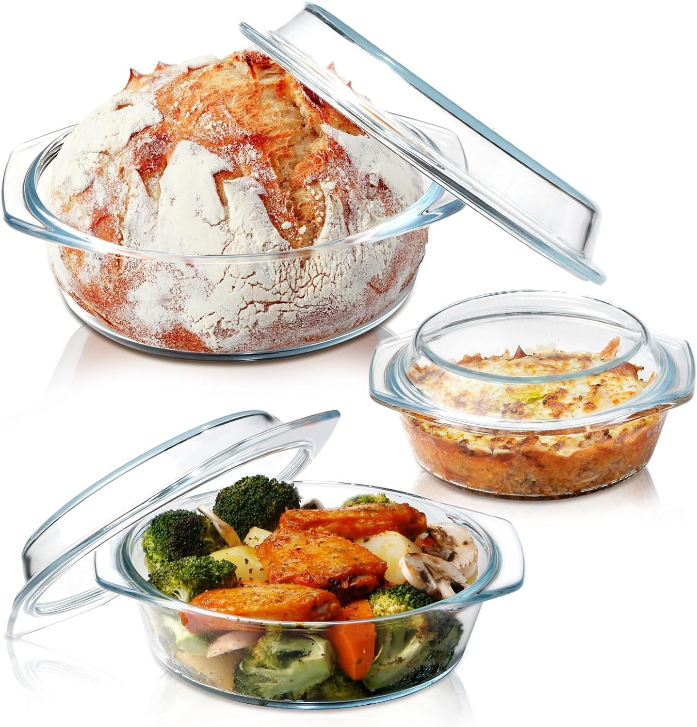 3 Piece Clear round Glass Casserole Dish Set with Lids, 0.65L 1L 1.4L Glass Bakeware Bowls, Oven Safe Microwave Dishwasher Safe