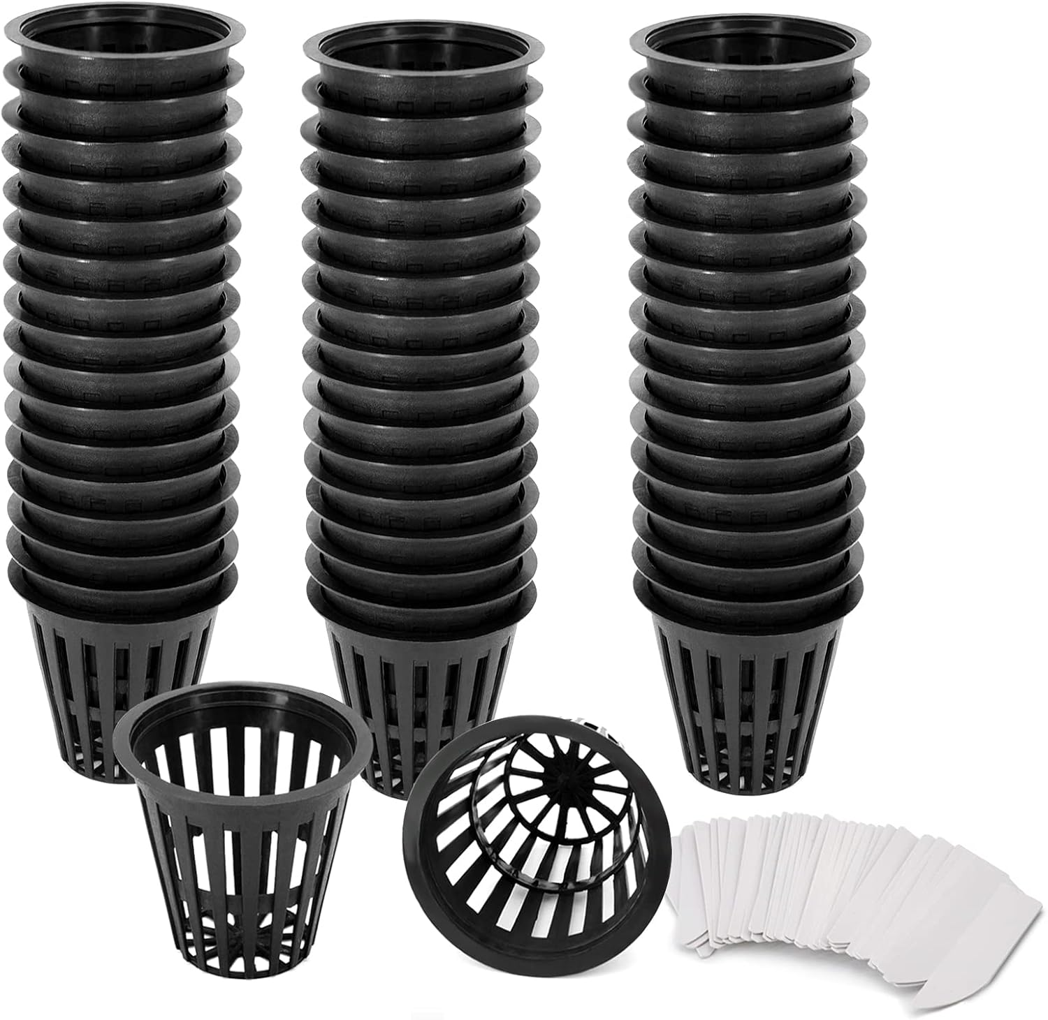 2 Inch Net Pots for Hydroponics 50 Packs with Plant Lable Heavy Duty, Reusable, UV Resistant Slotted Mesh Net Cups for Tower Gardens, Clone Machine, Aeroponics System