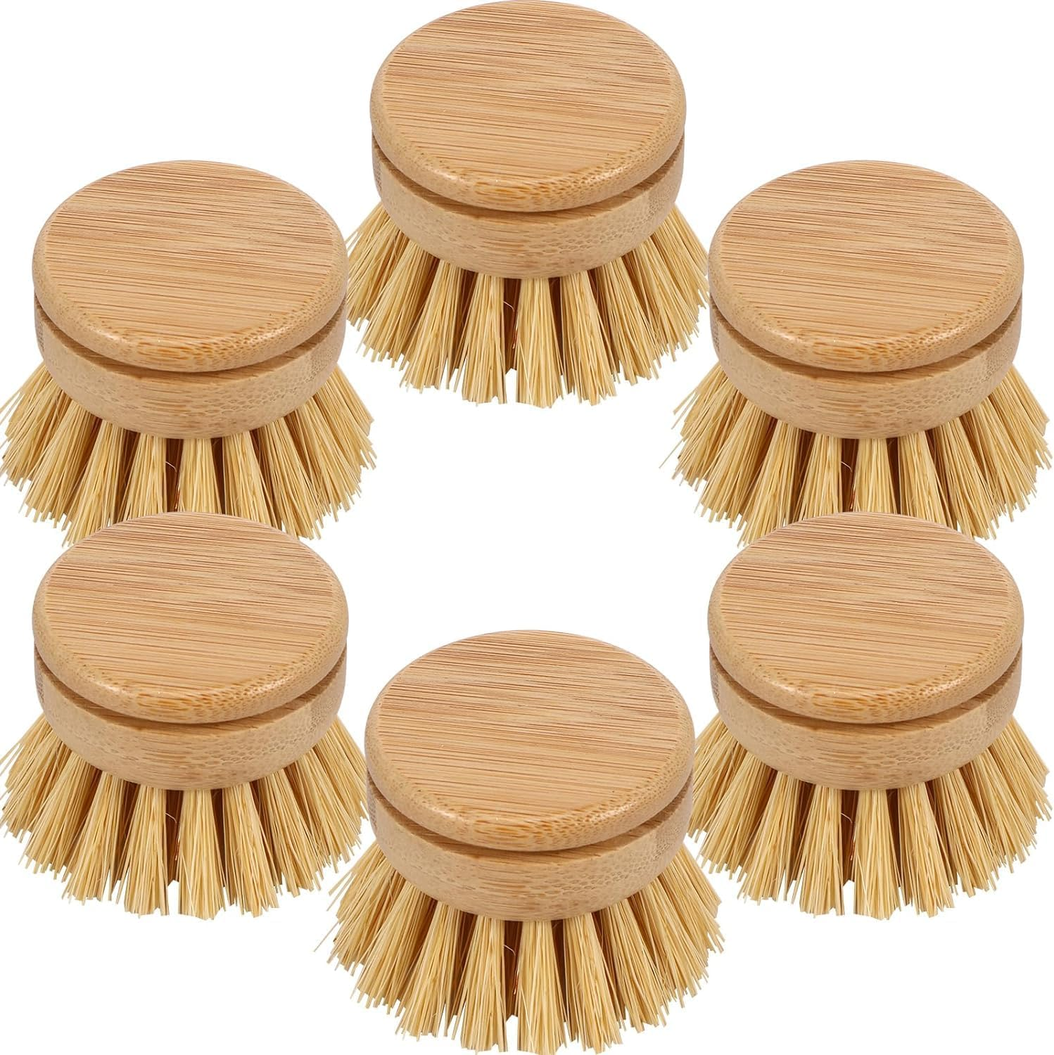 Bamboo Dish Brush, 6 Replacement Heads, Natural Washing up Brushes Heads, Dish Scrub Brush Replacement Brush Refill, Soft Sisal Bristle Dish Scrubber, Palm Brush for Kitchen Cleaning Pots Pans