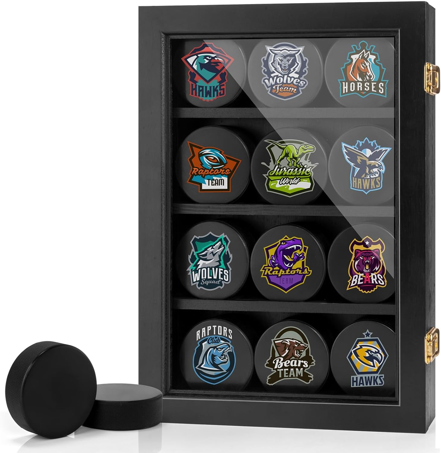 Hockey Display Case - 12 Pucks, Holder Cabinet Stand Shadow Box for Wall Mount, Removable Shelves, Acrylic Panel - Gift for Collectors