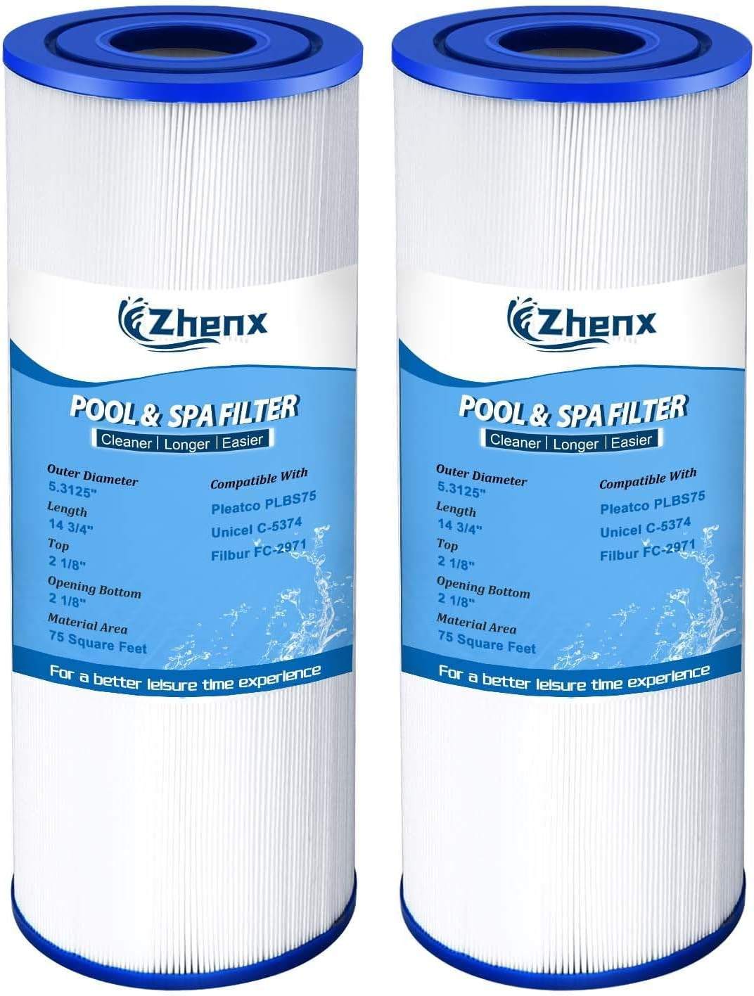 C-5374 PLBS75 Spa Filter Cartridge, Compatible with Unicel C-5374, FC-2971, 107092, 303433, 817-0015, R173600, PLBS75, Filter Area: 75 Sq. Ft, Leisure Hot Tub Filter Cartridge 2 Pack