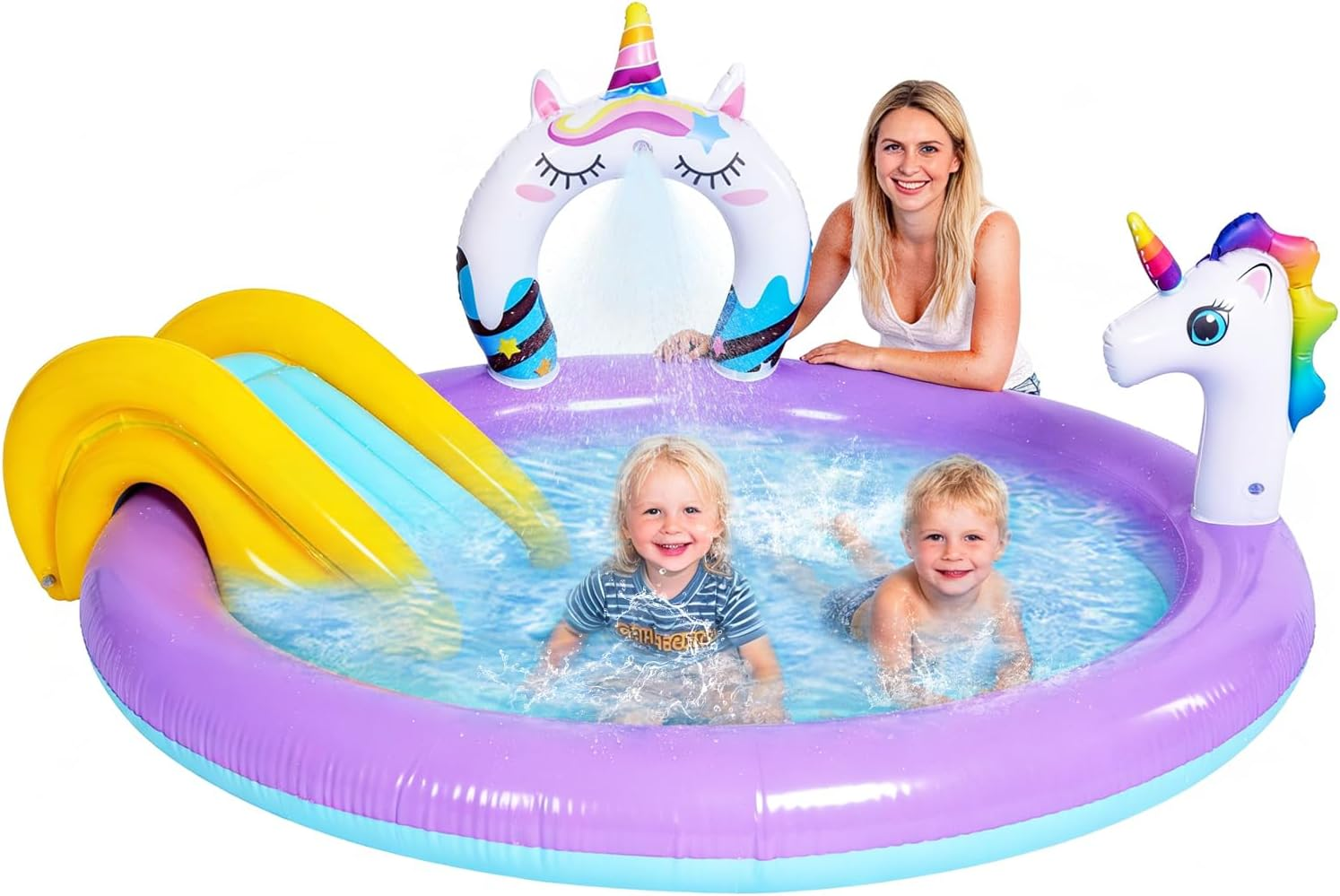 Unicorn Inflatable Swimming Pool with Water Slides, Inflatable Play Center Kiddie Pool with Water Sprayer Garden Outdoor Backyard