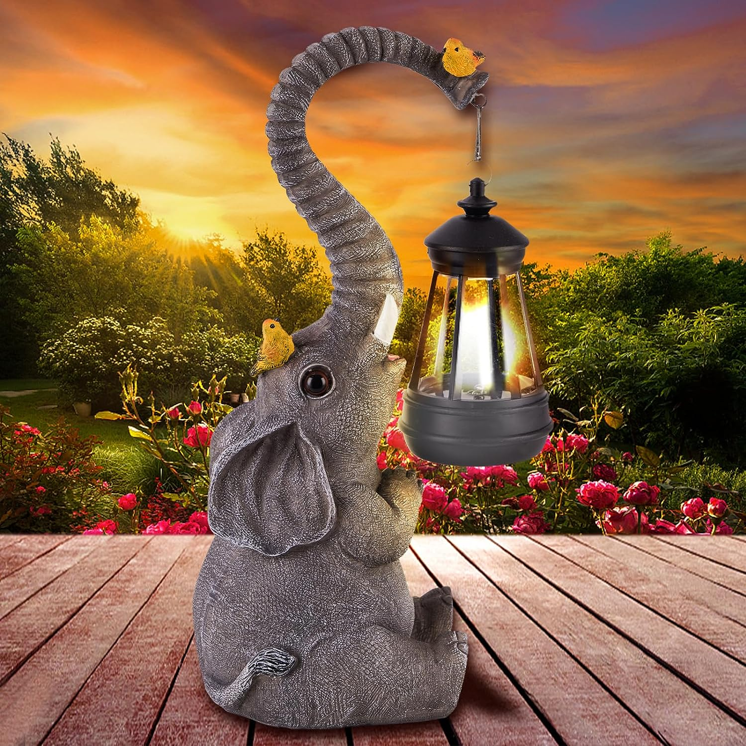 Solar Outdoor Garden Decor Elephant Statues Lights, Lucky Elephant Unique Mom Birthday Gifts for Mom, Housewarming Gifts and Yard Decoration, Cute Birds Garden Sculpture Decor
