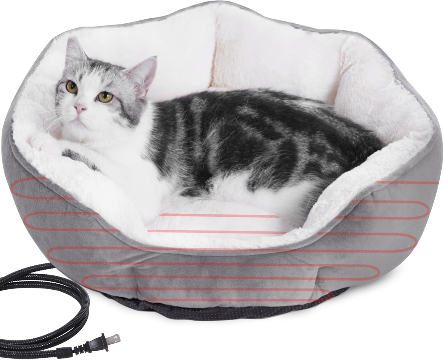 Heated Cat Bed Indoor for Cats & Small Dogs - Winter Warm Plush round Pets Heating Bed, Ultra-Soft Velvet & Cotton Thermal Heated Dogs Bed for Cold Weather, Overheat Protection for Pets (20X20 Inch)