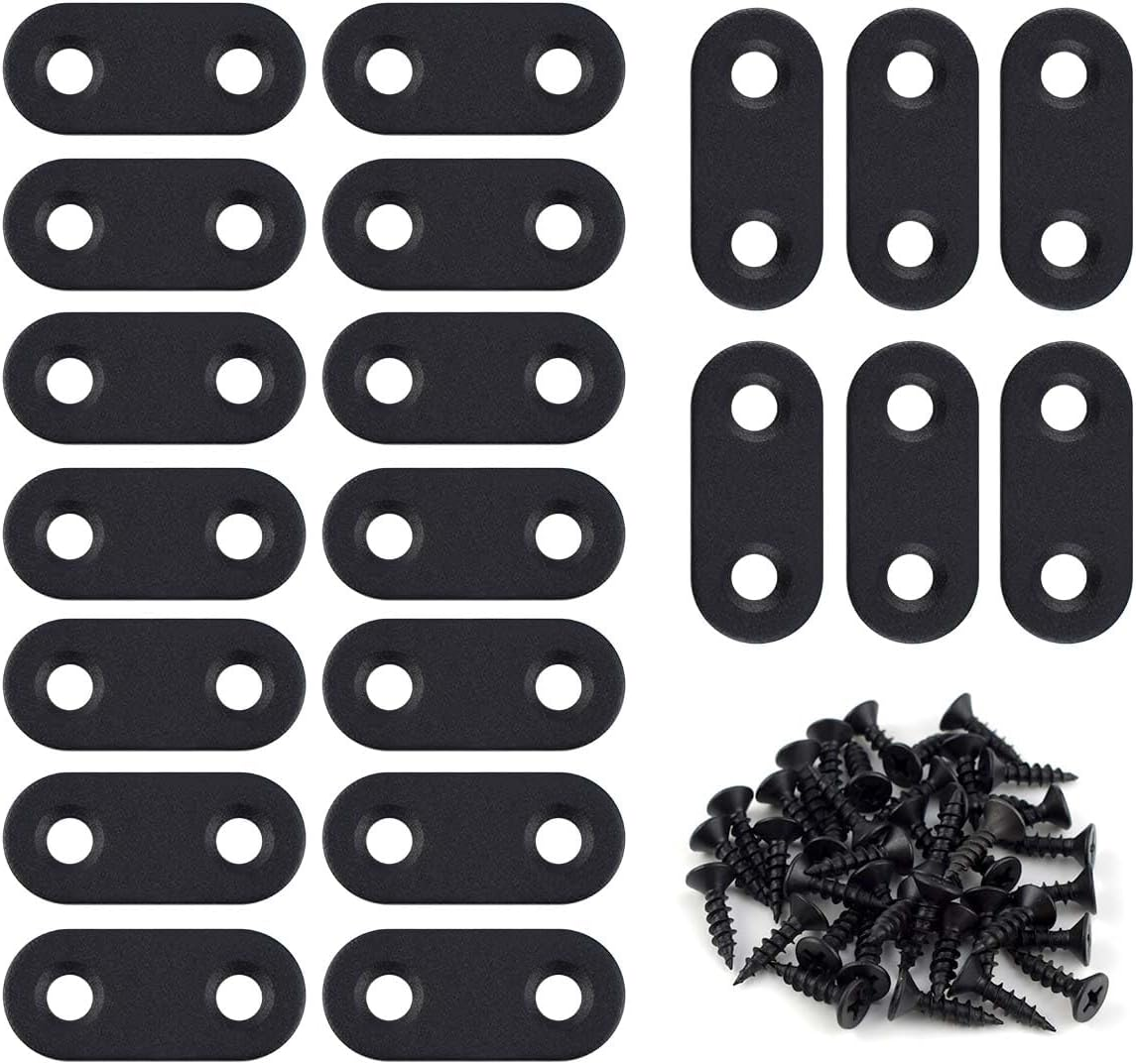 20 Pack Flat Straight Brace Flat Straight Bracket Stainless Steel Flat Plate Straight Brackets Repair Mending Bracket Plate for Wood Furniture Metal Mending Joining Plates with Screws (Black)