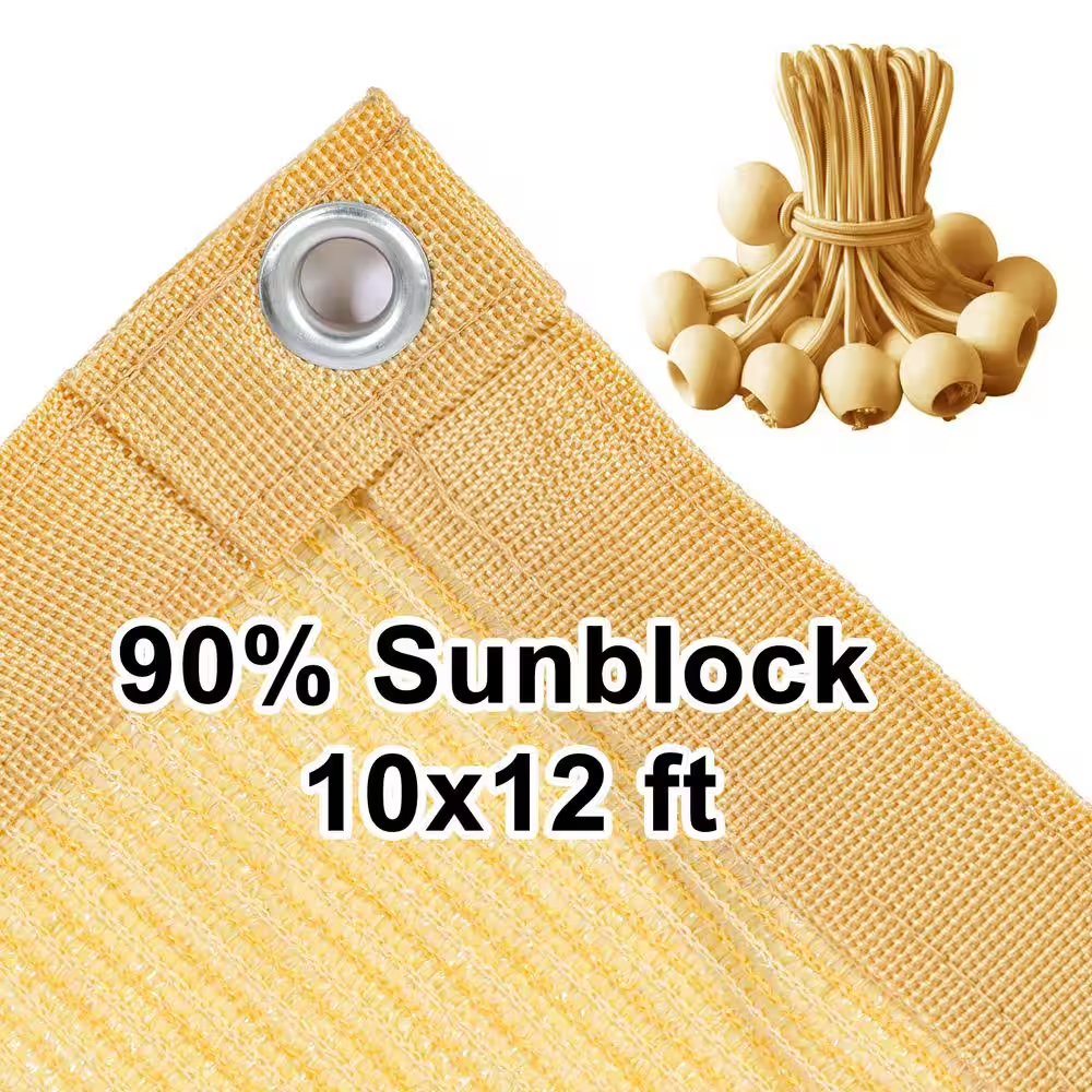 10 Ft. X 12 Ft. 90% Shade Fabric Sun Shade Cloth with Grommets for Pergola Cover Canopy (12-Bungee Balls)