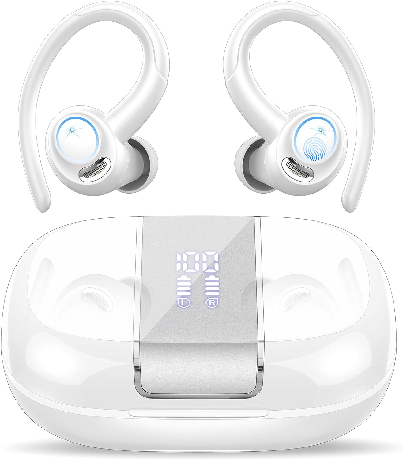 Headphones Wireless Earbuds Sport, Bluetooth 5.3 over Ear Buds Stereo Deep Bass Headset with Earhooks, 48H Wireless Earphones with HD Mic, IP7 Waterproof Earbud for Sports/Running/Workout White