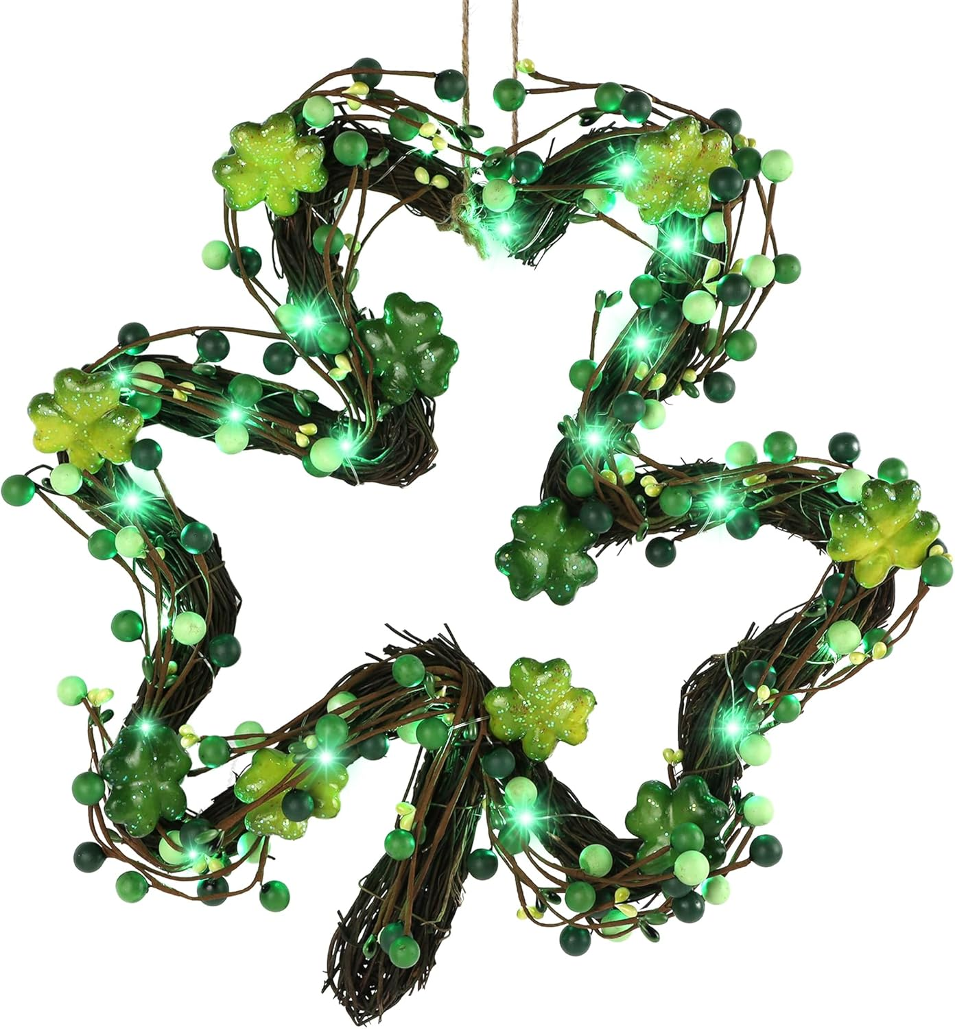 St. Patricks Day Wreath Decorations, 14 Inch Shamrock Wreaths for Front Door with Green Clover LED Lights, St. Patrick'S Day Decor for Spring Outdoor Home Wall Window
