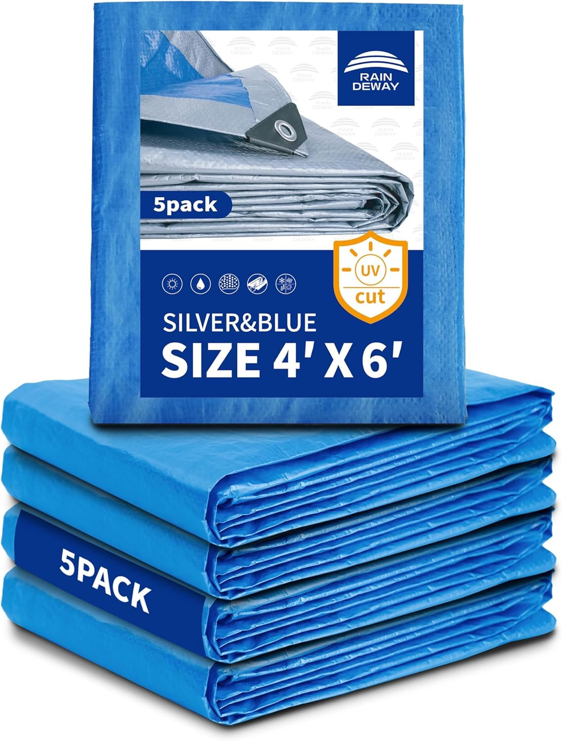 Small Tarps 4X6 Feet (5 Pack), 5.5 Mil Thick, Multipurpose Waterproof Poly Tarp Cover with Metal Grommets and Reinforced Edges, Silver/Blue Tarp by RAINDEWAY