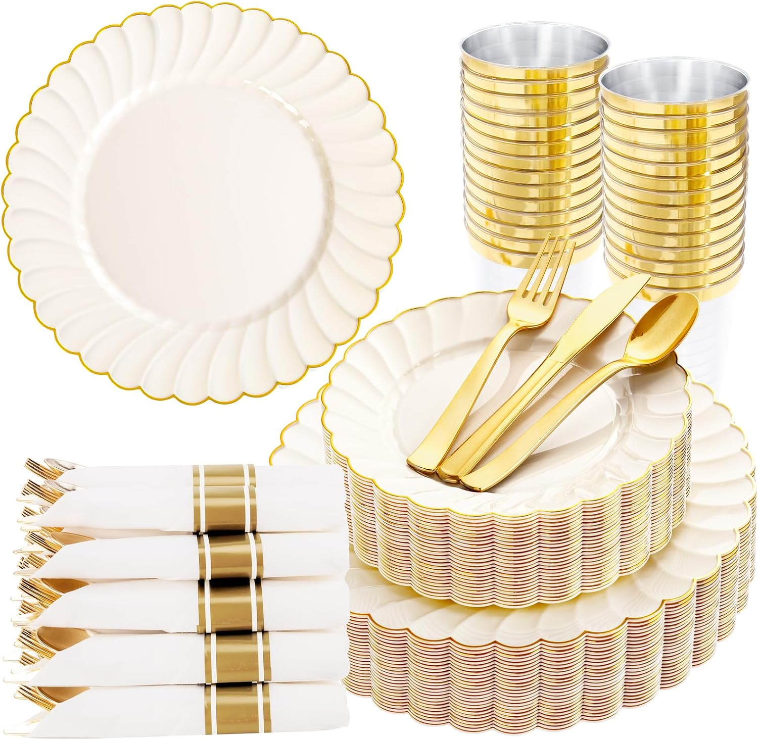 175PCS Ivory Scalloped Plastic Plates Heavy-Duty for Party & Wedding | Gold Disposable Dinnerware Set, Serving 25 Guests with 50 Plates, 25 Pre-Rolled Silverware, and 25 Cups, for Bridal Showers