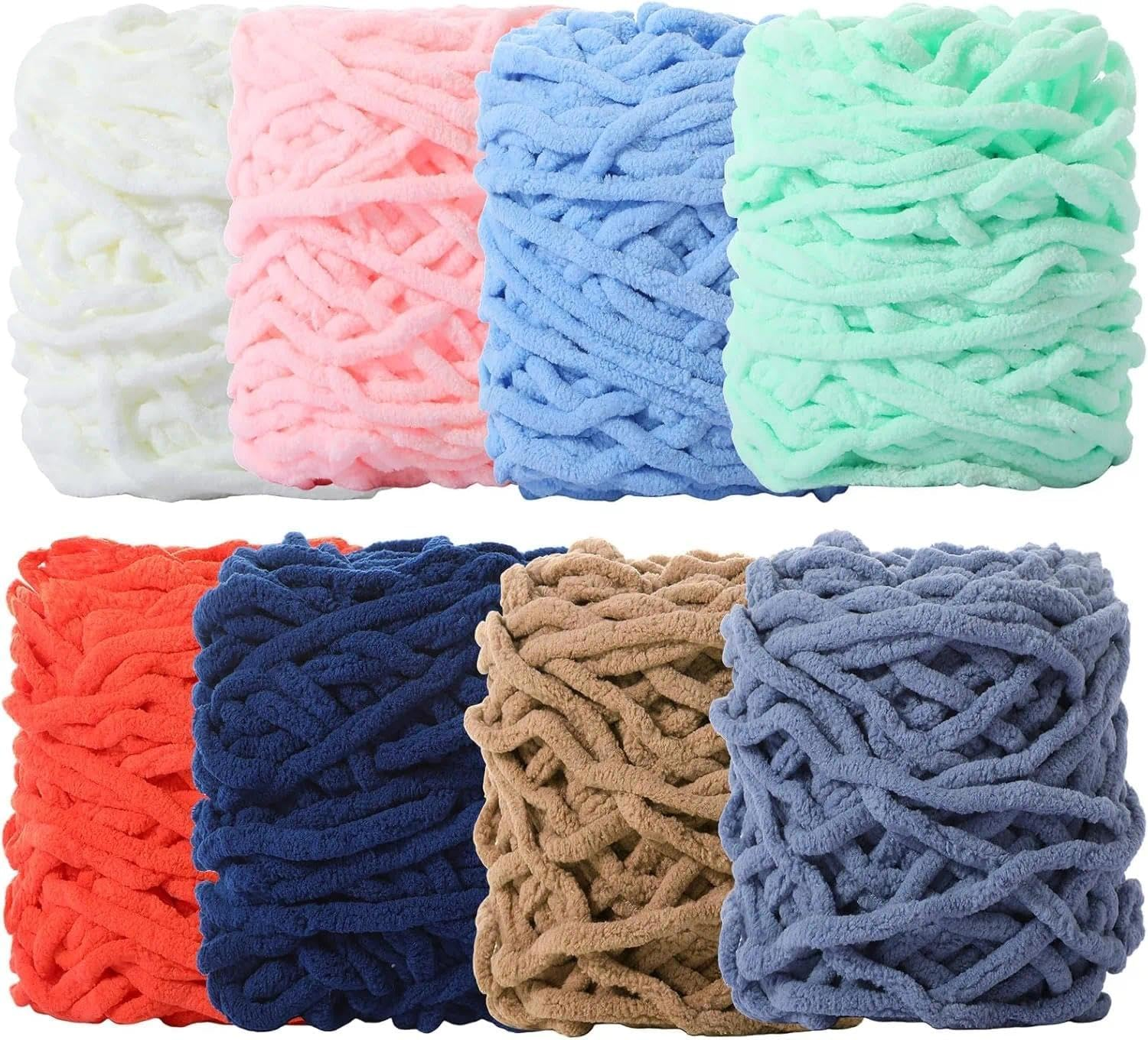 Chunky Chenille Yarn for Hand Knitting and Crochet, Soft Thick Fluffy Velvet Yarn for Blankets, Scarfs, Hats and DIY Crafts - 8 Skeins Multicolor -