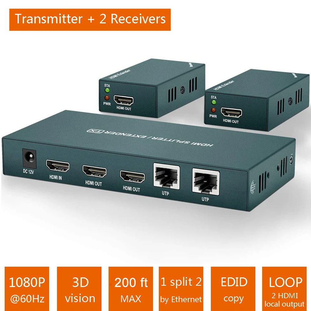 2023 Best 1x2 HDMI Splitter Extender 60m 1x4 HDMI UTP Extender Cat5e Cat6 1080P RJ45 HDMI Splitter extensor Transmitter Receiver