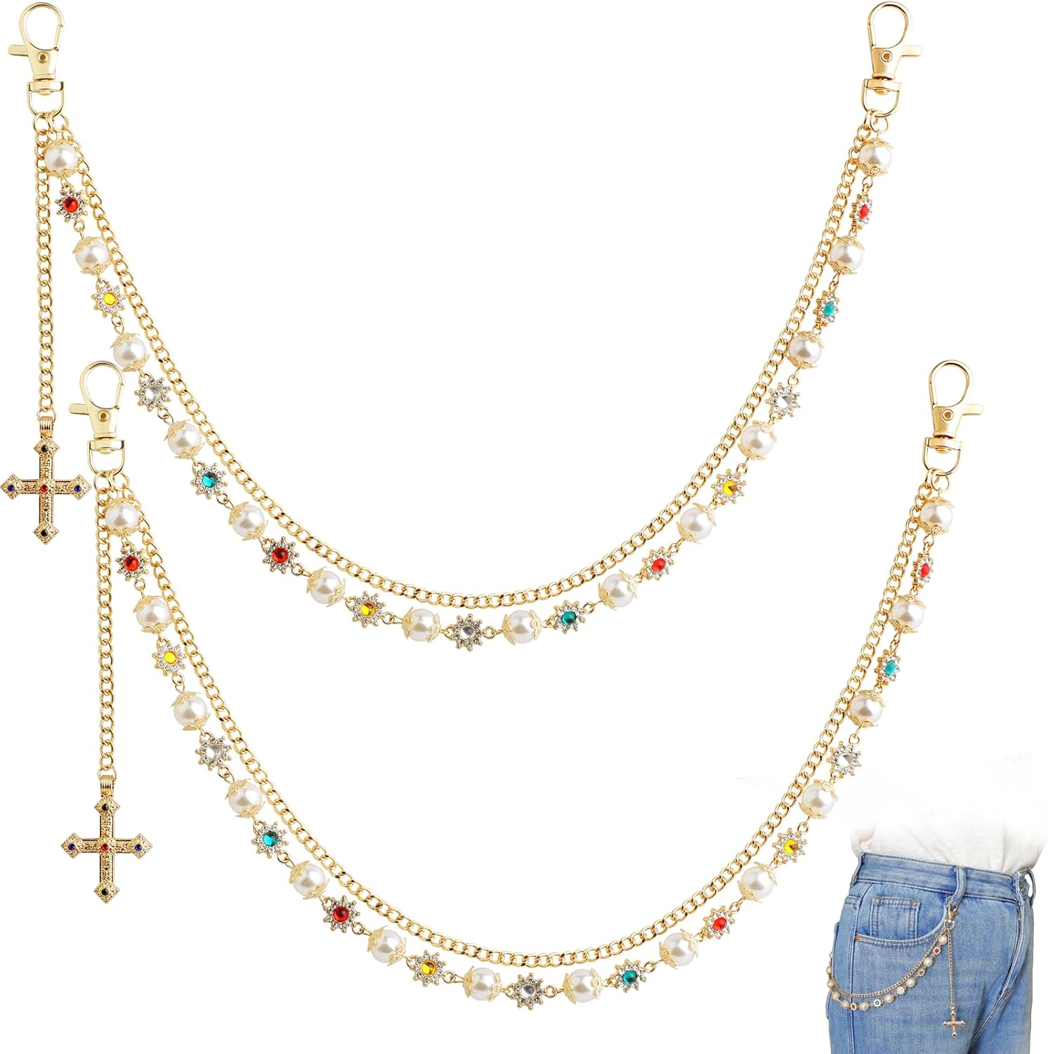 Layered Pants Chain,2 Pcs Fashion Wallet Pocket Chain,Exquisite Rhinestone Flower Pearl Jean Chain Keychain for Men Women,Bag Purse Chain(Gold)