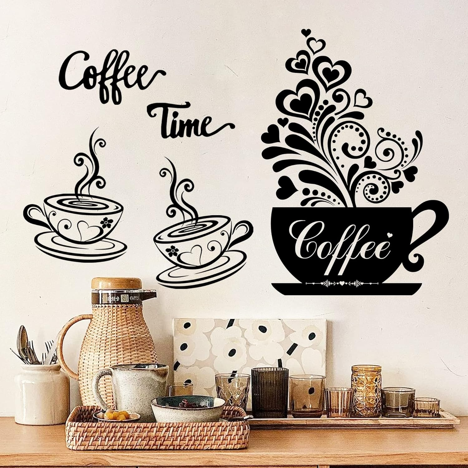Vinyl Wall Decals - Kitchen Decor Stickers - Black Coffee & Tea Signs - Flower Wall Art - Removable DIY Coffee Sayings - Home Cafe Shop Bar Pub Office