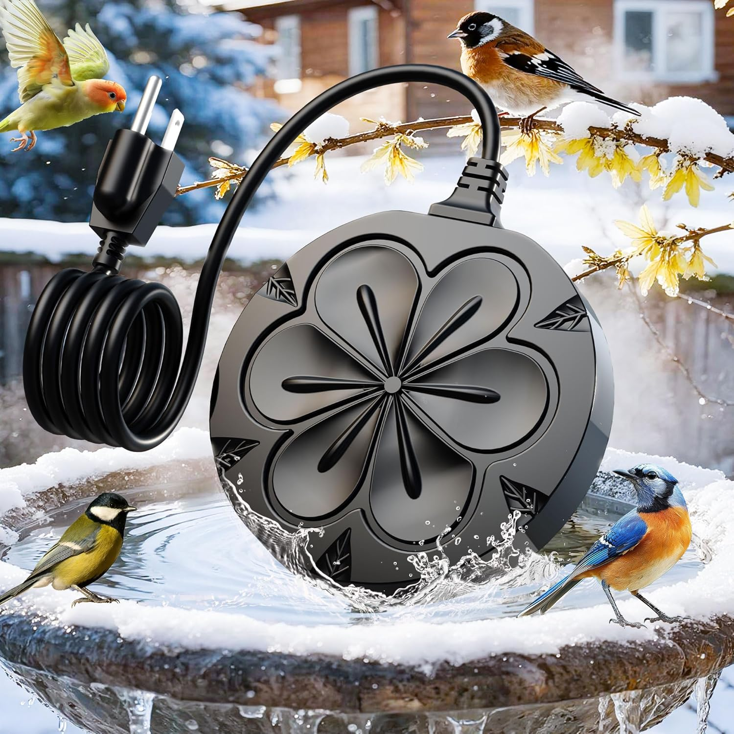 Bird Bath Heater for Outdoors in Winter, 110W Birdbath Water Heater Full-Covered Aluminum, Bird Bath Deicer Pond Deicer with Thermostatically Control, Chicken Water Heater, 4.92 Ft Power Cord (Black)