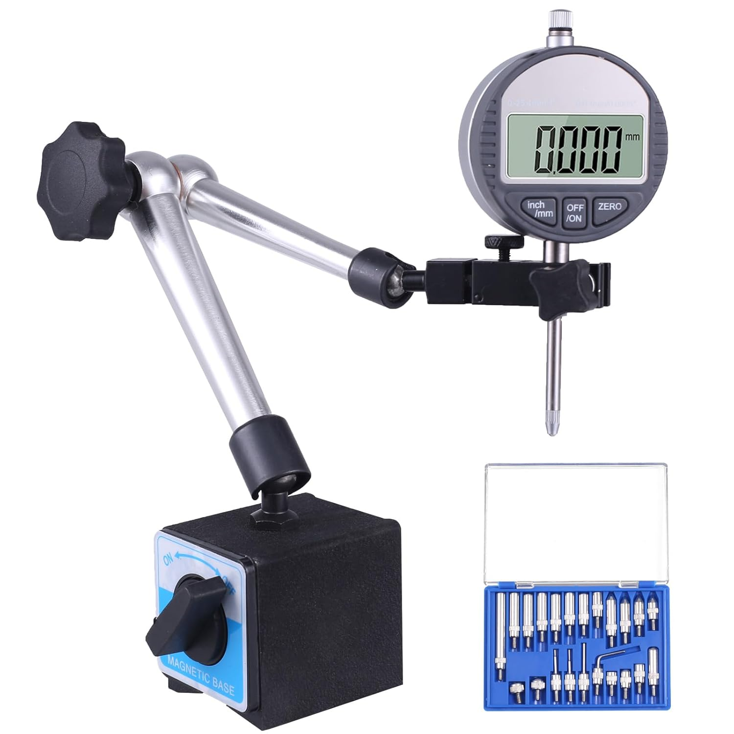 Electronic Digital Dial Indicator with Magnetic Base Holder Fine Adjustable Long Arm 0-1