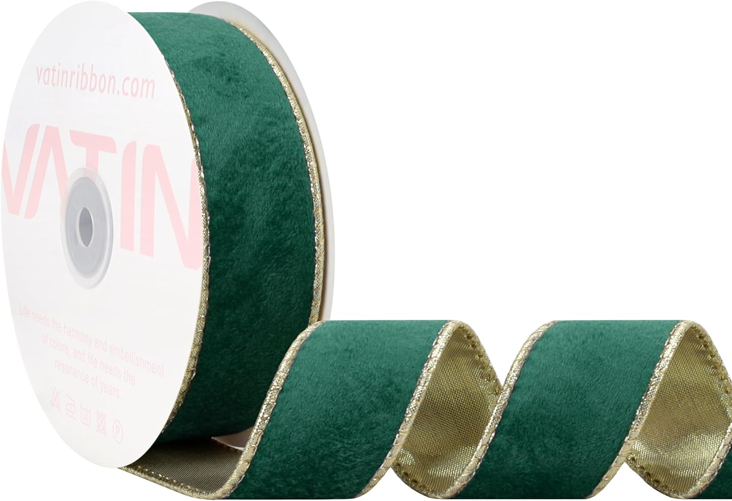 VATIN Holiday Green Velvet Wired Ribbon 1.5