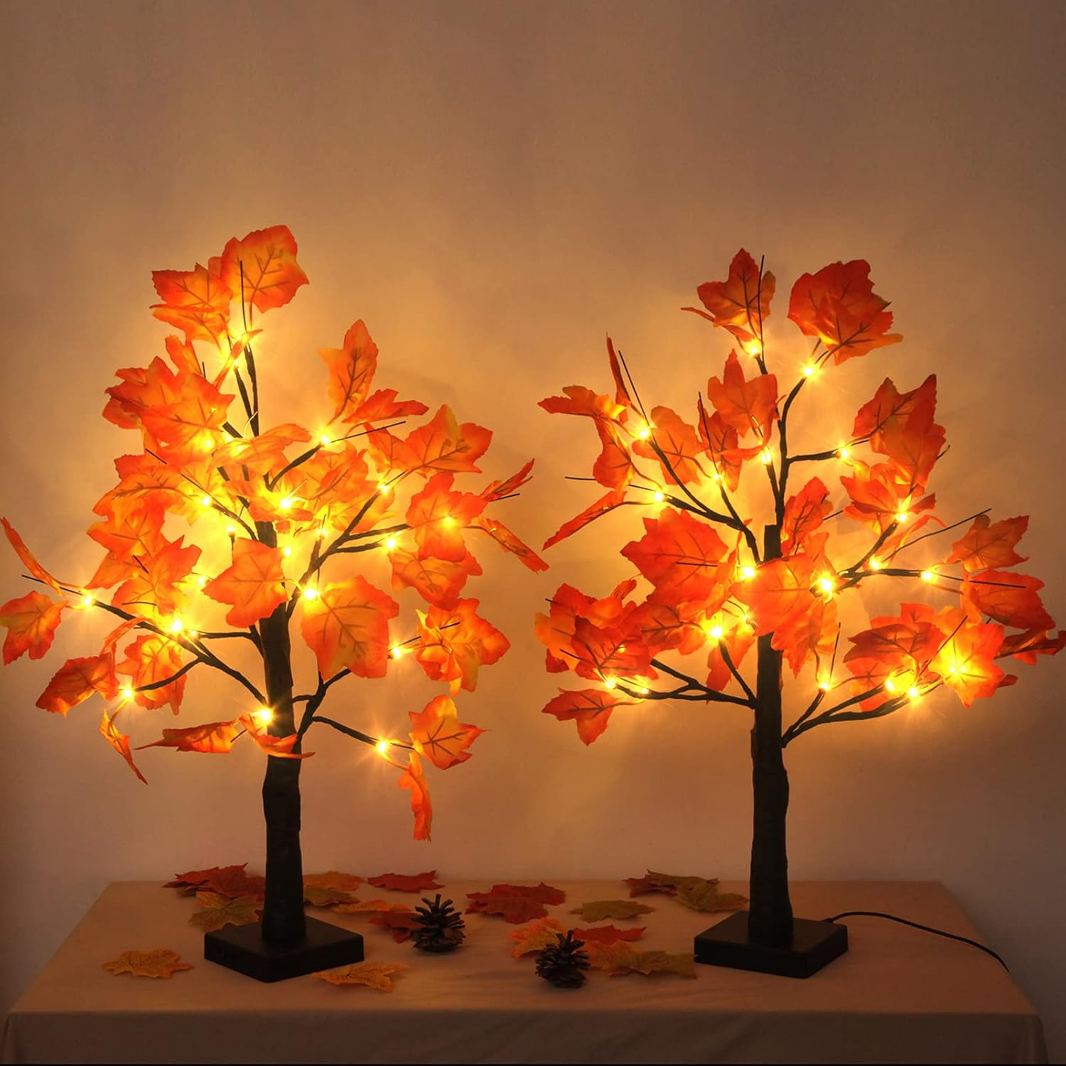 2 Pack Fall Lighted Maple Tree 48 LED Lights Thanksgiving Decoration Artificial Tree Lights 20 Inch Battery or USB Powered DIY Table Light for Desktop Autumn Harvest Party Indoor Decor