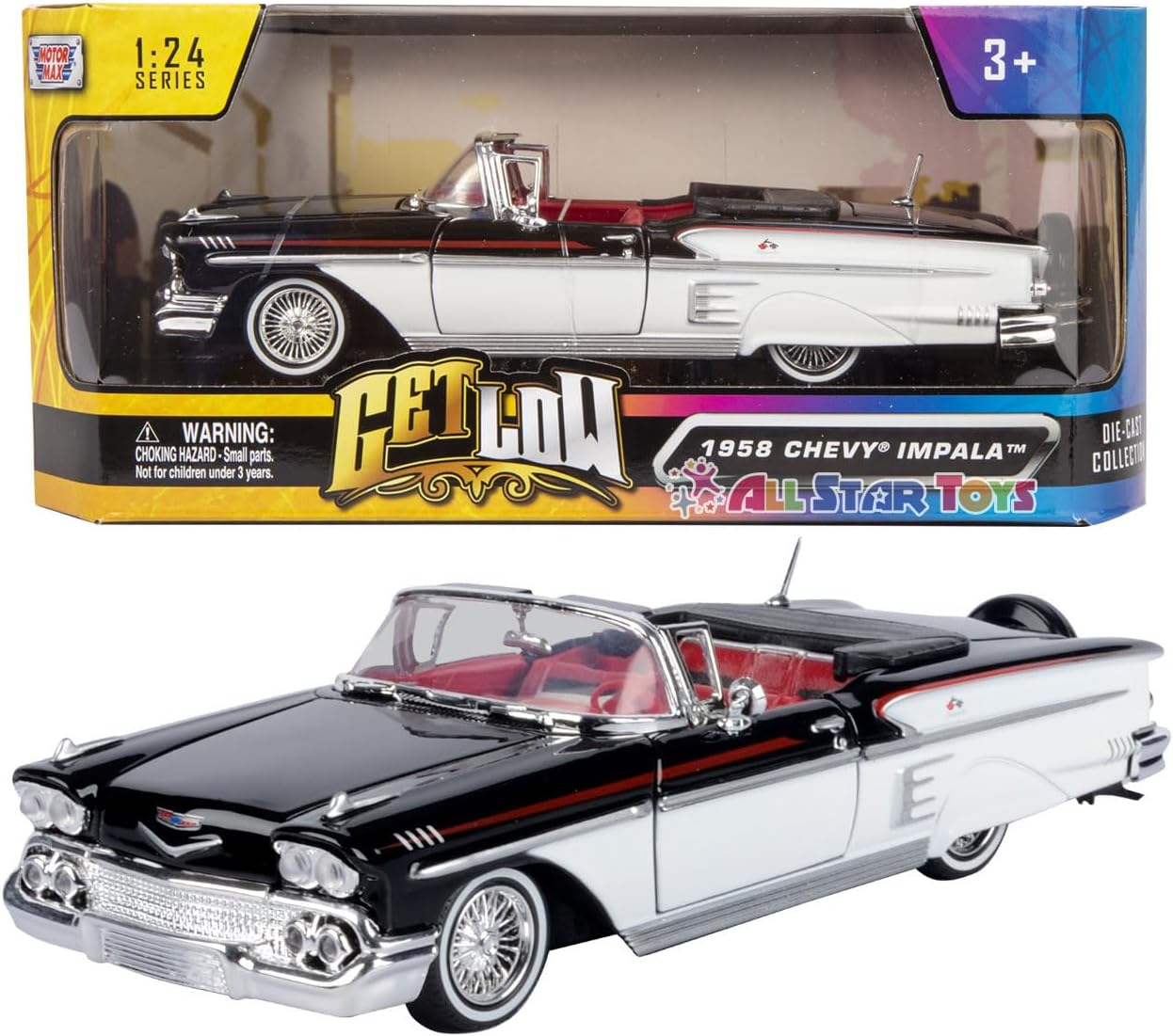 1958 Chevy Impala Convertible Lowrider Black and White with Red Interior Get Lo
