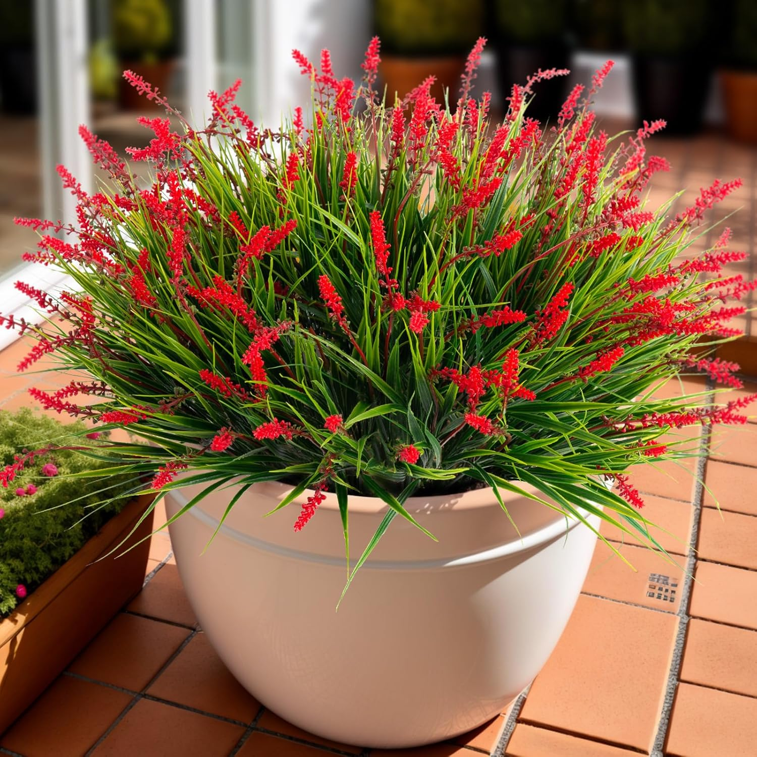 Artificial Faux Plants Flowers for Outdoor Decorations, Fake Monkey Grass for outside Porch Patio, No Fade Realistic Greenery Plant, UV Resistant Artificial Bush Shrubs for Courtyard Window Garden