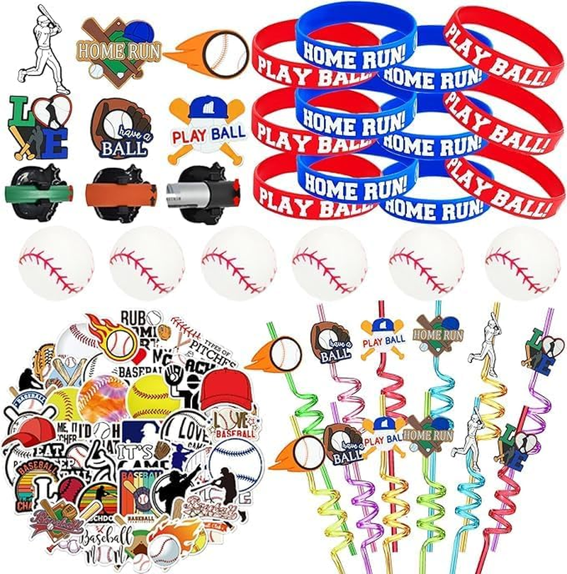 86PCS Baseball Party Favors Set Baseball Gifts Goodie Bags Including Silicone Baseball Bracelets Mini Baseball, Stickers,Pencil Caps Baseball Party Straw Suitable for Baseball Birthday Partys