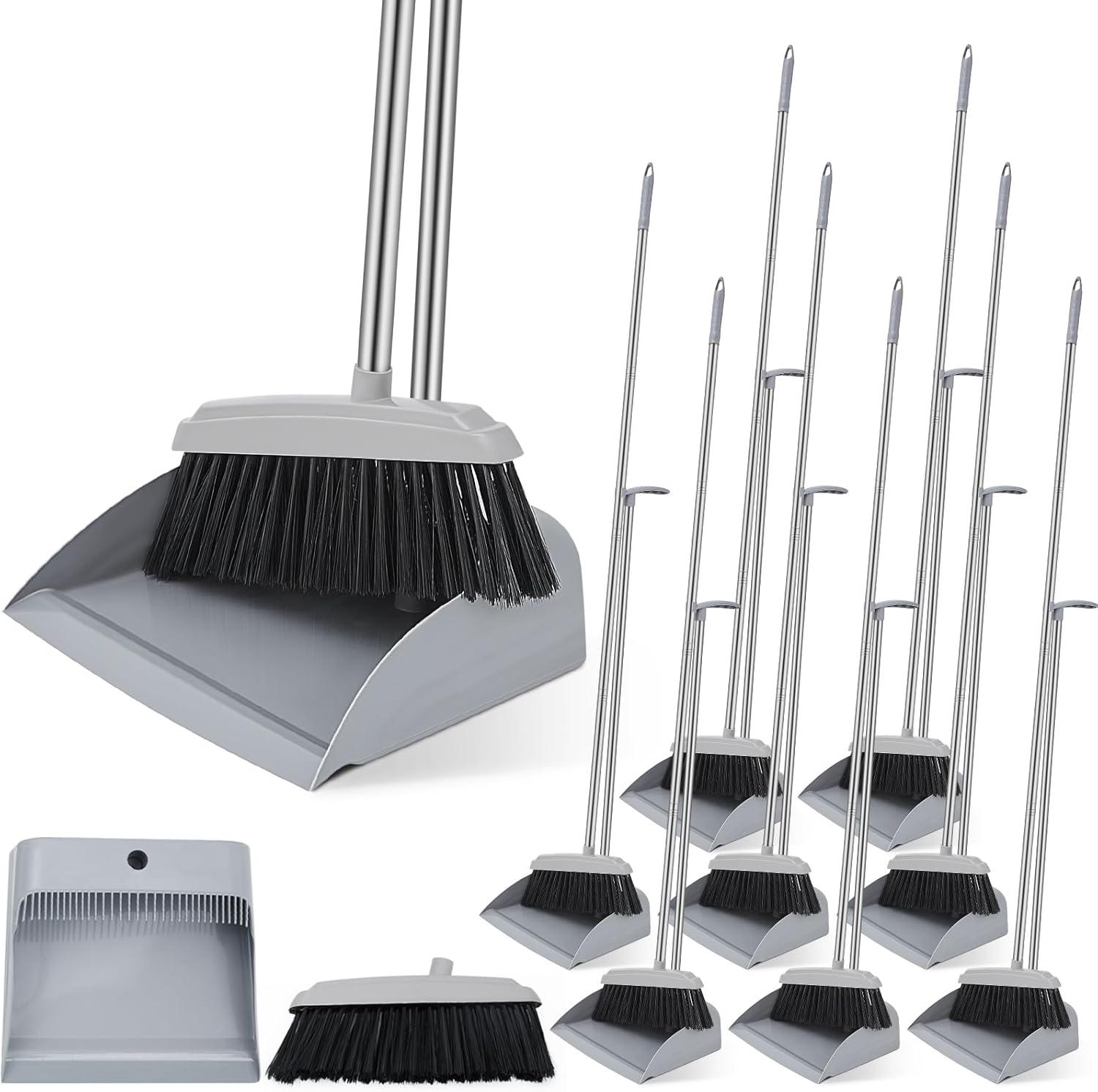 8 Set 16 Pcs Broom and Dustpan Set 53 Inch Broom with Dustpan Combo with Long Handle Upright Stand up for Office Home Kitchen Lobby Floor Cleaning
